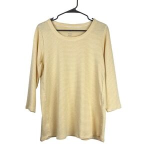 J. Jill‎ Pima 3/4 Sleeve Scoop Neck Tee Yellow White Stripe Women's Med Preppy